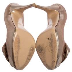 Pre Owned Valentino Metallic Beige Suede Rose Accented Peep Toe Pumps Size 40