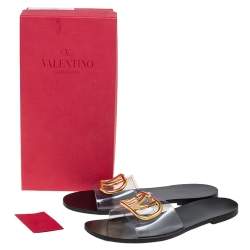 Pre Owned Valentino Black PVC Vlogo Slide Flats Size 38.5