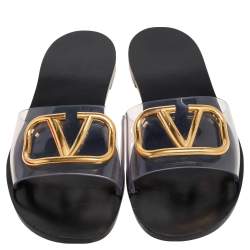 Pre Owned Valentino Black PVC Vlogo Slide Flats Size 38.5