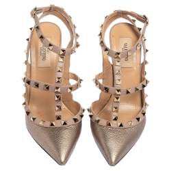 Pre Owned Valentino Metallic Gold Leather Rockstud Pointed Toe Sandals Size 37.5