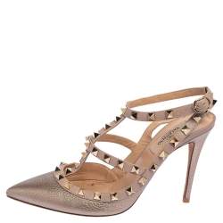 Pre Owned Valentino Metallic Gold Leather Rockstud Pointed Toe Sandals Size 37.5