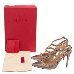 Pre Owned Valentino Metallic Gold Leather Rockstud Pointed Toe Sandals Size 37.5