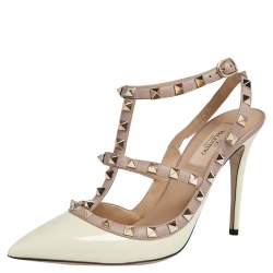 Pre Owned Valentino White/Beige Patent Leather Rockstud Ankle Strap Sandals Size 38.5