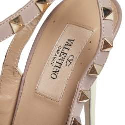 Pre Owned Valentino White/Beige Patent Leather Rockstud Ankle Strap Sandals Size 38.5