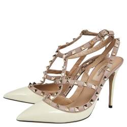 Pre Owned Valentino White/Beige Patent Leather Rockstud Ankle Strap Sandals Size 38.5
