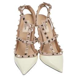 Pre Owned Valentino White/Beige Patent Leather Rockstud Ankle Strap Sandals Size 38.5