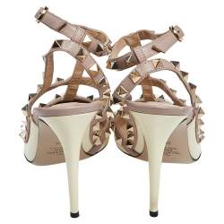 Pre Owned Valentino White/Beige Patent Leather Rockstud Ankle Strap Sandals Size 38.5