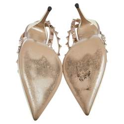 Pre Owned Valentino White/Beige Patent Leather Rockstud Ankle Strap Sandals Size 38.5