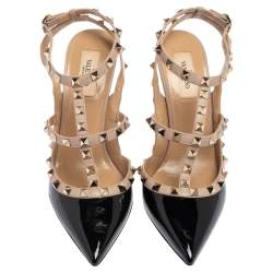 Valentino Black/Beige Patent And  Leather Rockstud Caged Ankle Strap Sandals Size 40