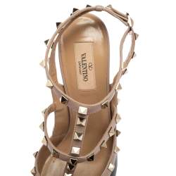 Valentino Black/Beige Patent And  Leather Rockstud Caged Ankle Strap Sandals Size 40