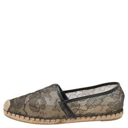 Pre Owned Valentino Black/Beige Leather And Lace Espadrilles Size 38