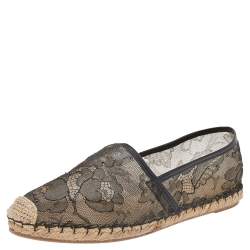 Pre Owned Valentino Black/Beige Leather And Lace Espadrilles Size 38