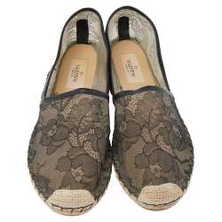 Pre Owned Valentino Black/Beige Leather And Lace Espadrilles Size 38