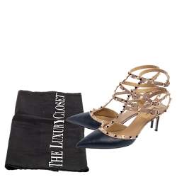 Pre Owned Valentino Pink/Navy Blue Leather Rockstud Strappy Sandals Size 40