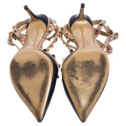 Pre Owned Valentino Pink/Navy Blue Leather Rockstud Strappy Sandals Size 40