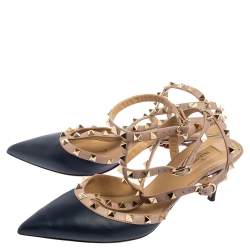 Pre Owned Valentino Pink/Navy Blue Leather Rockstud Strappy Sandals Size 40