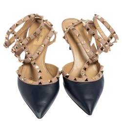 Pre Owned Valentino Pink/Navy Blue Leather Rockstud Strappy Sandals Size 40