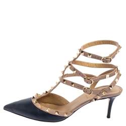 Pre Owned Valentino Pink/Navy Blue Leather Rockstud Strappy Sandals Size 40