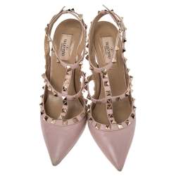 مملوكة مسبقًا Valentino Pink Leather Rockstud Pointed Toe Ankle Strap Sandals Size 39