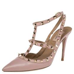 مملوكة مسبقًا Valentino Pink Leather Rockstud Pointed Toe Ankle Strap Sandals Size 39