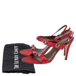 Pre Owned Valentino Red Satin Crystal Embellished Slingback Sandals Size 38