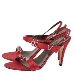 Pre Owned Valentino Red Satin Crystal Embellished Slingback Sandals Size 38