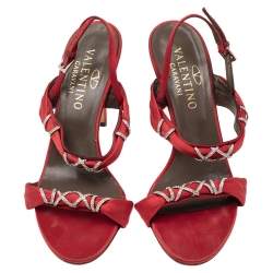 Pre Owned Valentino Red Satin Crystal Embellished Slingback Sandals Size 38