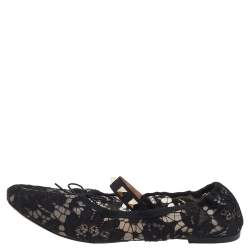 Pre Owned Valentino Black Lace Rockstud Mary Jane Ballet Flats Size 37.5
