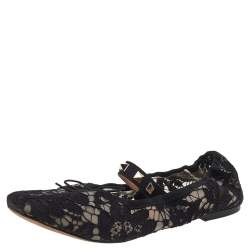 Pre Owned Valentino Black Lace Rockstud Mary Jane Ballet Flats Size 37.5