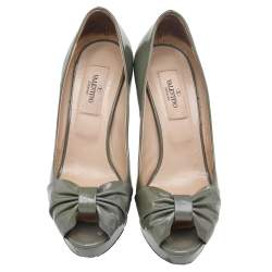 Pre Owned Valentino Olive Green Patent Leather Platform Peep Toe Pumps Size 35