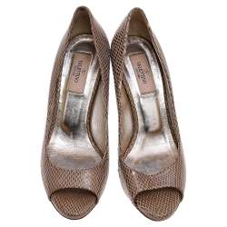 Valentino Beige Snakeskin Embossed Leather Peep Toe Pumps Size 37.5