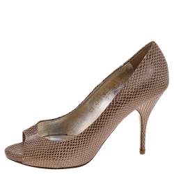 Valentino Beige Snakeskin Embossed Leather Peep Toe Pumps Size 37.5