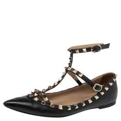 مملوكة مسبقًا Valentino Black Leather Rockstud Caged Ballet Flats Size 37.5