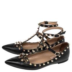 مملوكة مسبقًا Valentino Black Leather Rockstud Caged Ballet Flats Size 37.5