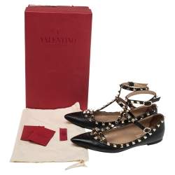 مملوكة مسبقًا Valentino Black Leather Rockstud Caged Ballet Flats Size 37.5
