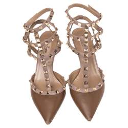 Pre Owned صندل فالنتينو جلد بني/فاتح مرصع روكستد سير كاحل مقدمة مدببة مقاس 37.5