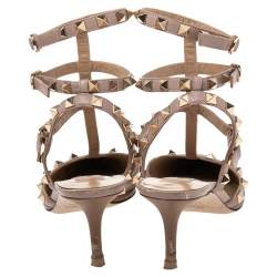 Pre Owned صندل فالنتينو جلد بني/فاتح مرصع روكستد سير كاحل مقدمة مدببة مقاس 37.5