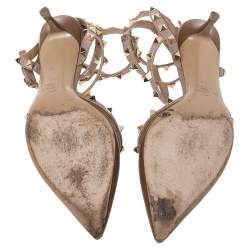 Pre Owned صندل فالنتينو جلد بني/فاتح مرصع روكستد سير كاحل مقدمة مدببة مقاس 37.5