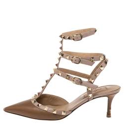 Pre Owned صندل فالنتينو جلد بني/فاتح مرصع روكستد سير كاحل مقدمة مدببة مقاس 37.5