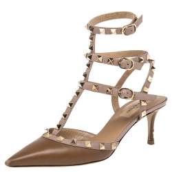 Pre Owned صندل فالنتينو جلد بني/فاتح مرصع روكستد سير كاحل مقدمة مدببة مقاس 37.5