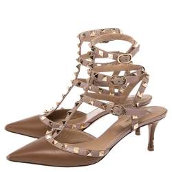 Pre Owned صندل فالنتينو جلد بني/فاتح مرصع روكستد سير كاحل مقدمة مدببة مقاس 37.5
