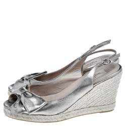 Valentino Metallic Silver Leather Bow Wedge Espadrille Sandals Size 39
