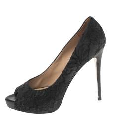 Pre Owned Valentino Black Lace Peep Toe Platform Pumps Size 40