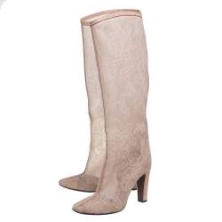 Pre Owned Valentino Beige Mesh and Lace Knee Length Boots Size 40