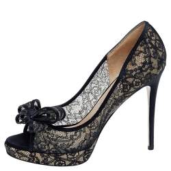 Pre Owned Valentino Black Floral Lace Bow Lace Peep Toe Platform Pumps Size 40