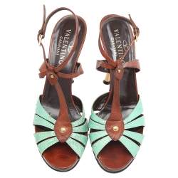 Pre Owned Valentino Green/Brown Embossed Leather Slingback Sandals Size 41