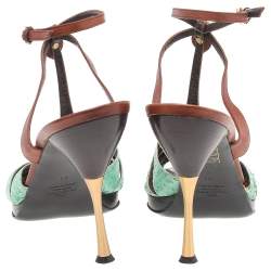 Pre Owned Valentino Green/Brown Embossed Leather Slingback Sandals Size 41