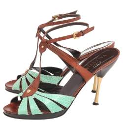 Pre Owned Valentino Green/Brown Embossed Leather Slingback Sandals Size 41