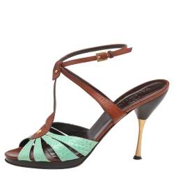 Pre Owned Valentino Green/Brown Embossed Leather Slingback Sandals Size 41