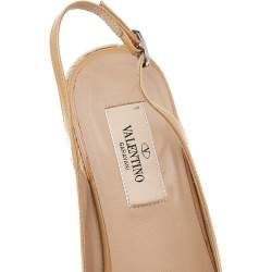مملوكة مسبقًا Valentino Beige Patent Leather Mena Bow Peep Toe Espadrille Wedge Slingback Sandals Size 41